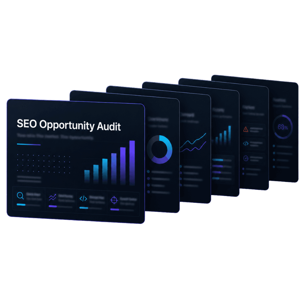 SEO Opportunity Audit preview cards showing a blurred 6-slide diagnostic report