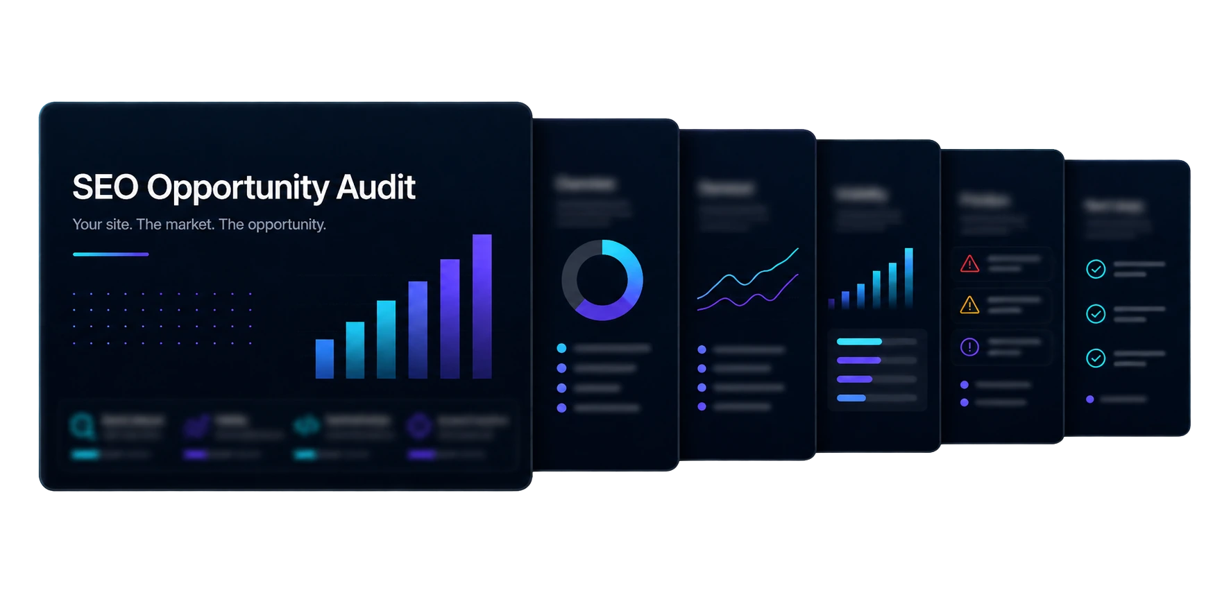 SEO Opportunity Audit preview cards showing a blurred 6-slide diagnostic report