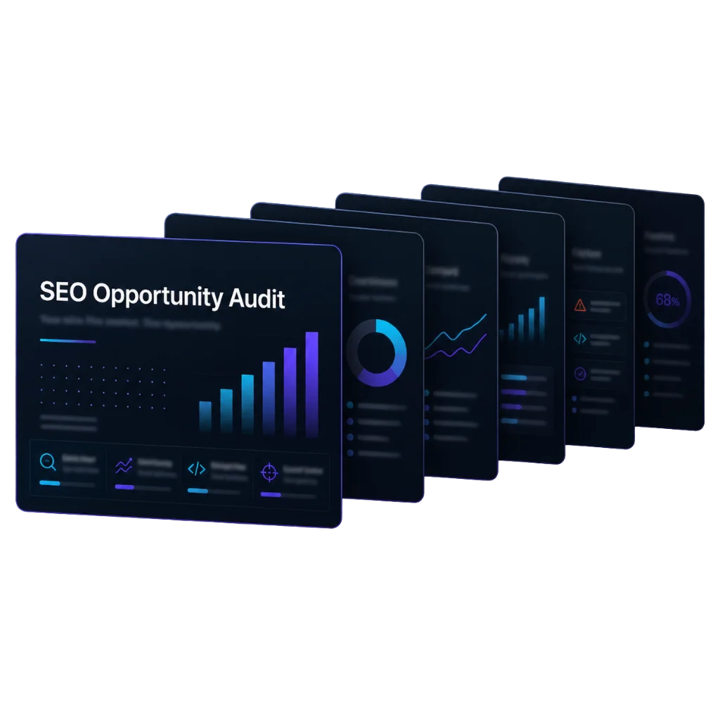 SEO Opportunity Audit preview cards showing a blurred 6-slide diagnostic report