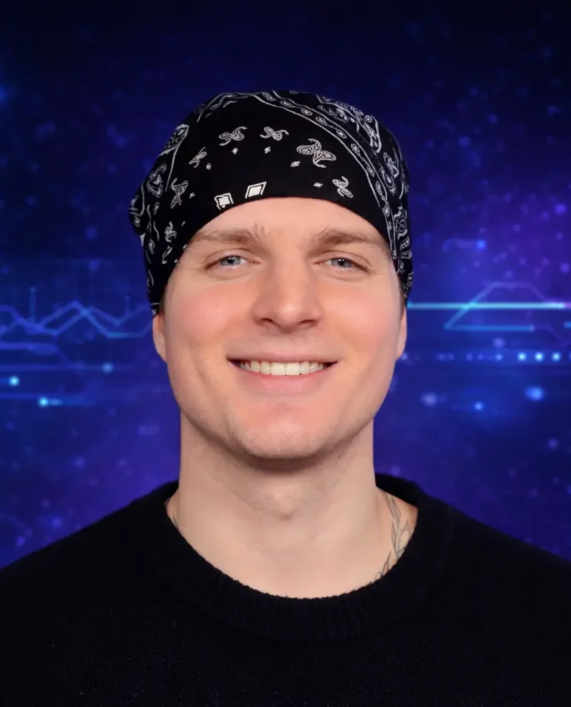 Max Torhashev, Founder. Wearing bandana and smiling.